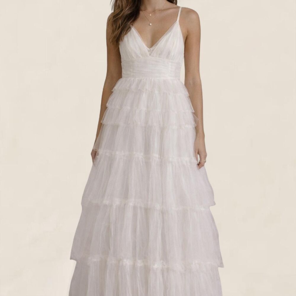 Mable white tiered tulle maxi dress | size small whimsical bridal wedding core
